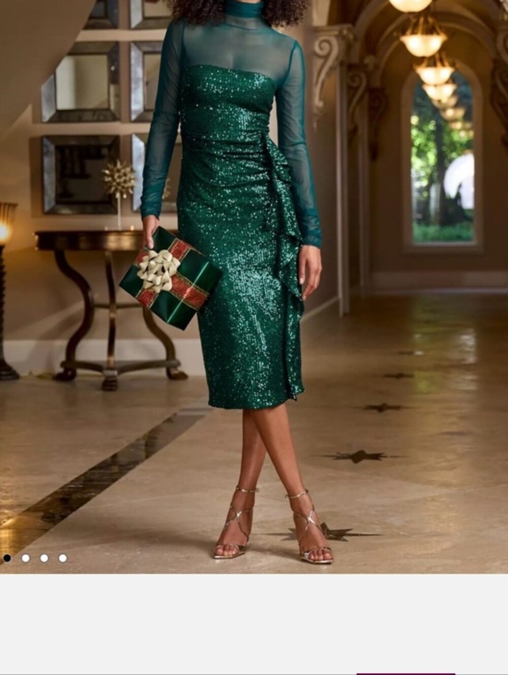 Boston Proper Emerald Green Sequin Midi Dress with Sheer Long Sleeves